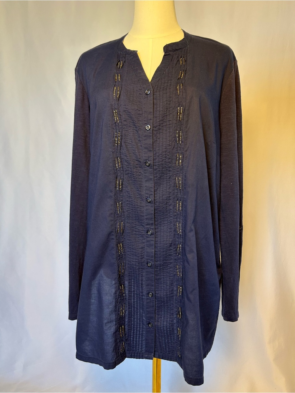 Coldwater Creek Navy Cotton Beaded Pintuck Tunic Blouse Size XL/16 Coastal Boho